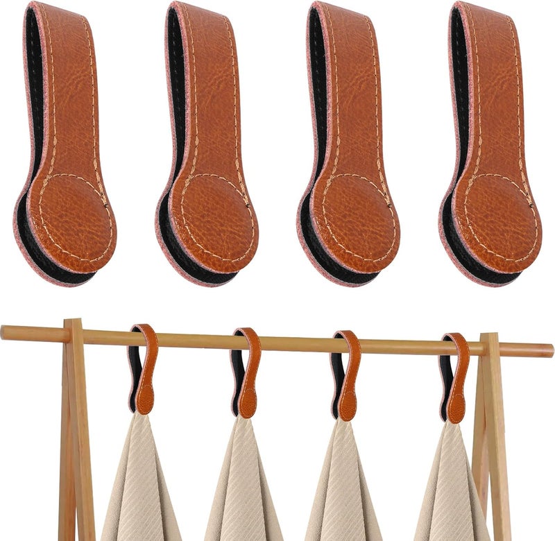 CODOHI 4 PCS Genuine Leather Towel Clips for Kitchen, Magnetic Hand Clips, Towel Holder with Magnet for Rods and Racks, Bathroom Accessory (Light Brown) - Image 1